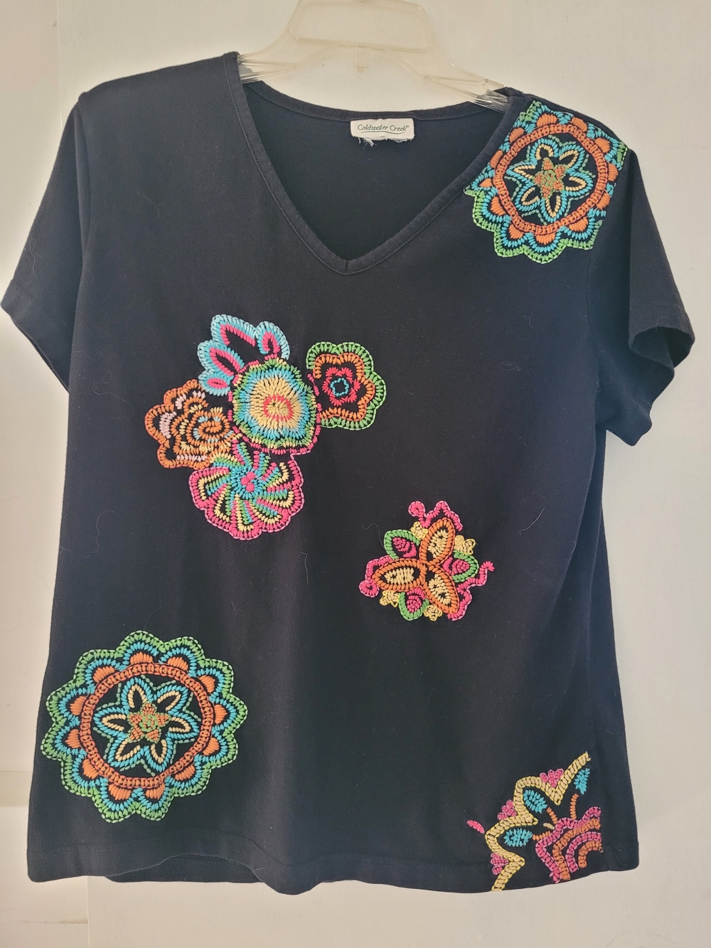 Coldwater Creek Black Short Sleeve Tee with Multicolor Crochet Flowers